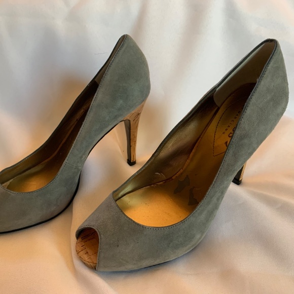Guess By Marciano Gray Suede Feel Open Toe Heels with Cork Look Heels! - Picture 3 of 13